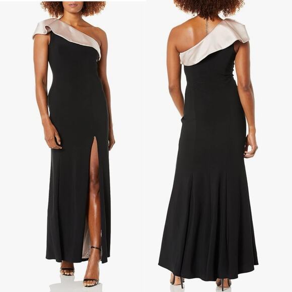 NWT Xscape One-Shoulder Contrast Ruffle Jersey Sheath Gown Sz 12 - Picture 2 of 7